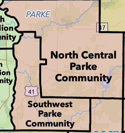 Map depicting boundary lines of North central and Southwest Parke Community School Districts